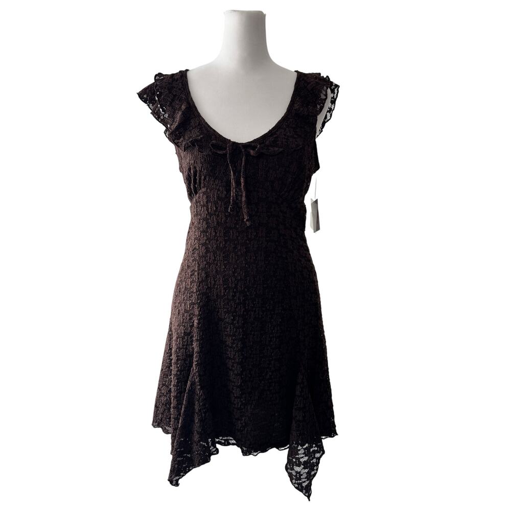 NWT No Comment Dark Brown Lace Ruffle Asymmetrical Stretch Knee Length Dress - Picture 2 of 10